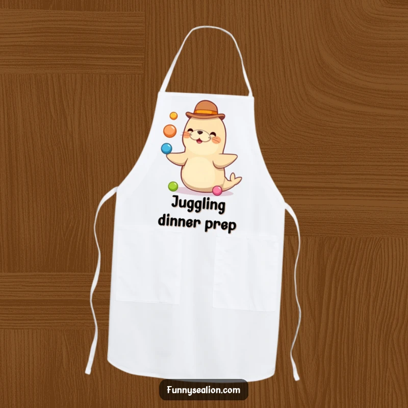 Funny sea lion sporting a bowler hat, juggling colorful balls while ready to cook, depicted on a practical and amusing apron.