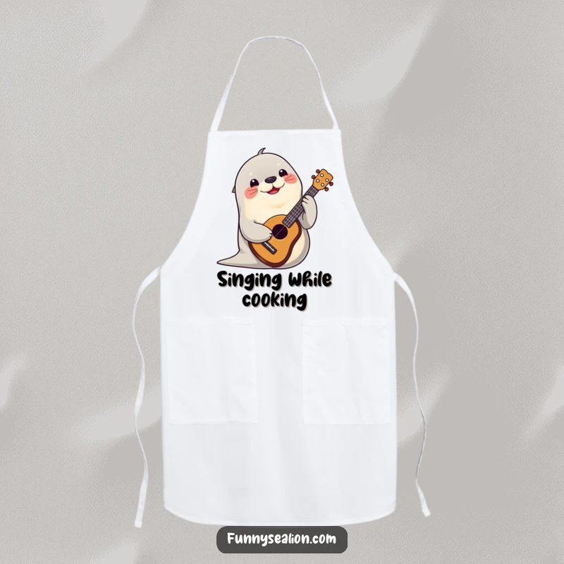 Funny sea lion playing a ukulele with a cheerful expression on this apron, ready for kitchen fun.
