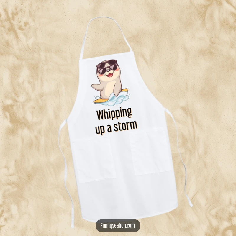 Funny sea lion in sunglasses rides a wave on this apron, ready for culinary adventures with a cool attitude.