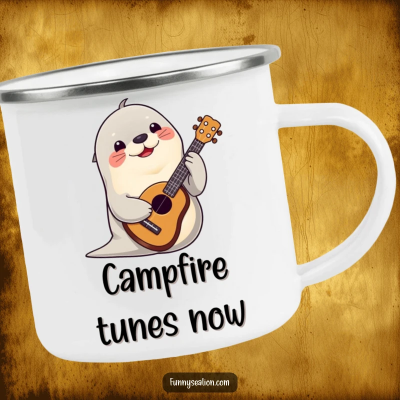 Funny sea lion playing a ukulele with a cheerful expression on a durable camping mug for outdoor music lovers.