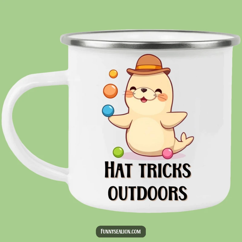 Funny Sea Lion Bowler Hat Camping Mug: Adventure Meets Juggling Humor!