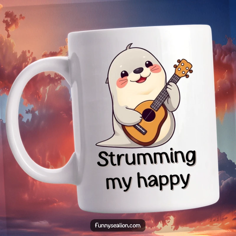 Funny sea lion character happily playing a ukulele with a cheerful, wide smile on a coffee mug.