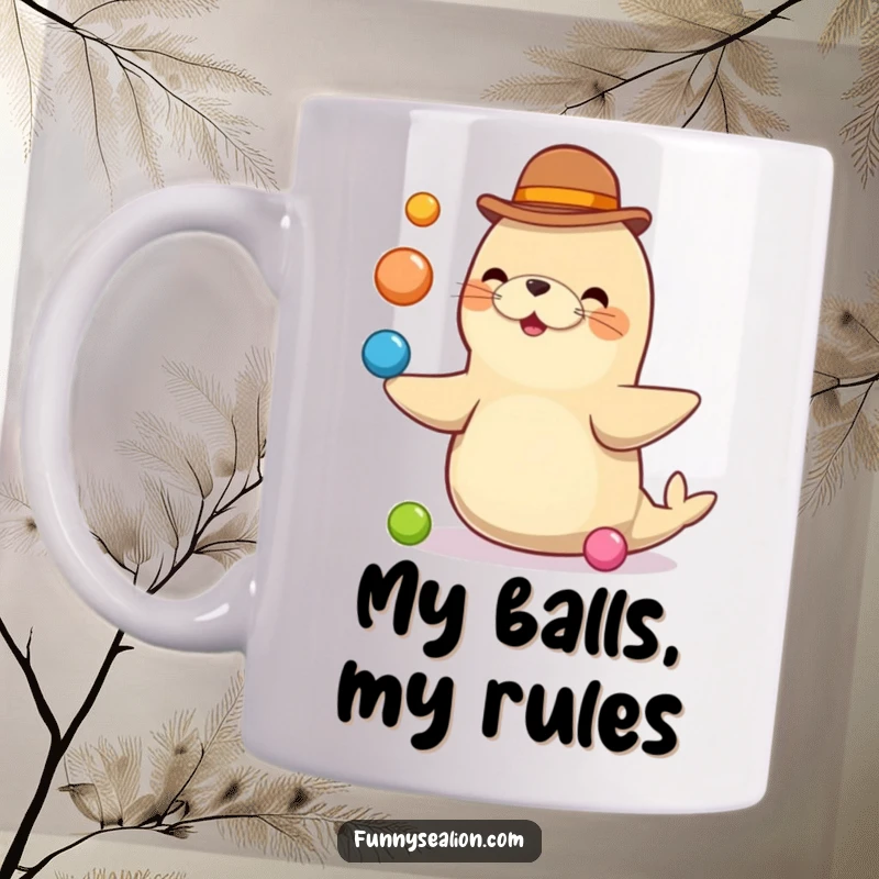 Funny sea lion wearing a bowler hat, expertly juggling colorful balls with a focused, cheerful expression on a coffee mug.
