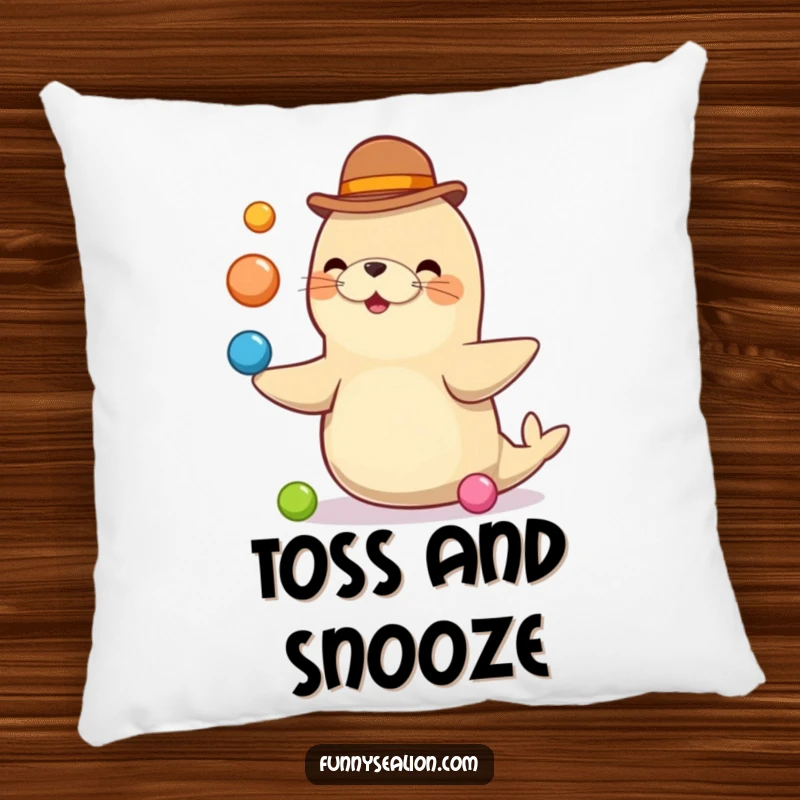 Funny sea lion wearing a bowler hat, mid-juggling act with colorful balls, printed on a comfortable and decorative pillow.