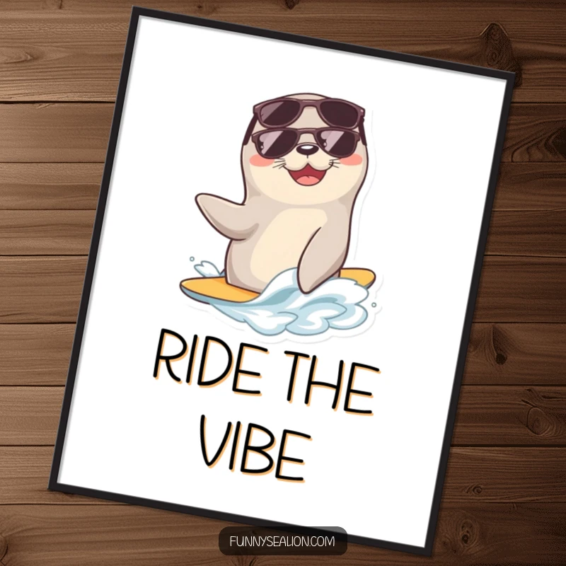 Funny sea lion with sunglasses rides a gentle wave, available as an instant download digital art print.