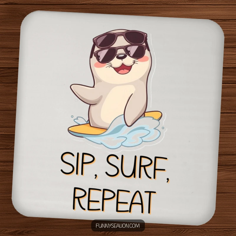 Funny sea lion wearing sunglasses rides a wave on a coaster, protecting your furniture with cool beachy humor.