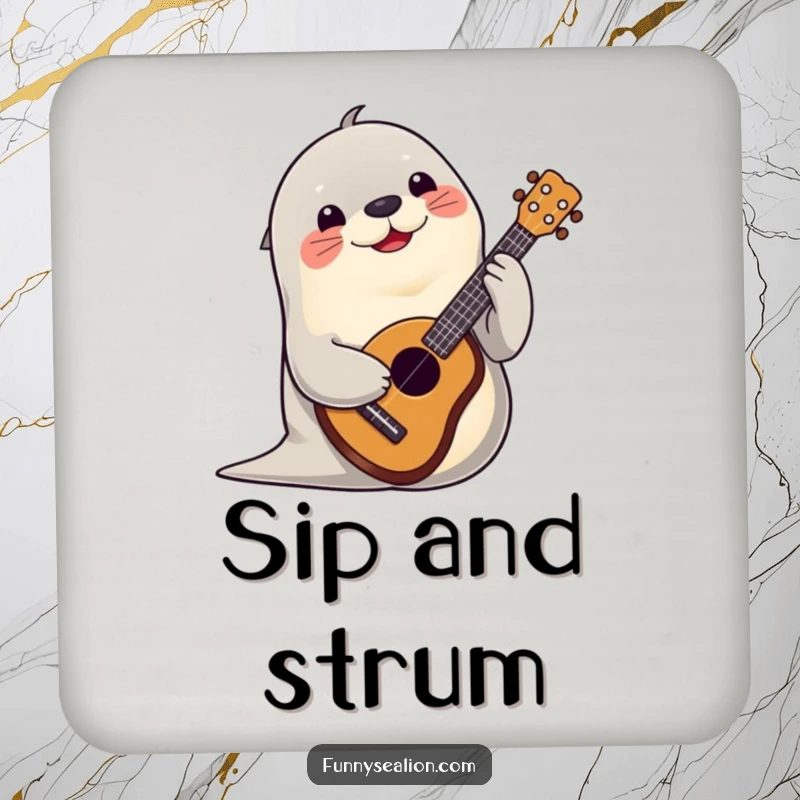 Funny sea lion playing a ukulele with a cheerful expression on a coaster, adding musical charm and surface protection.