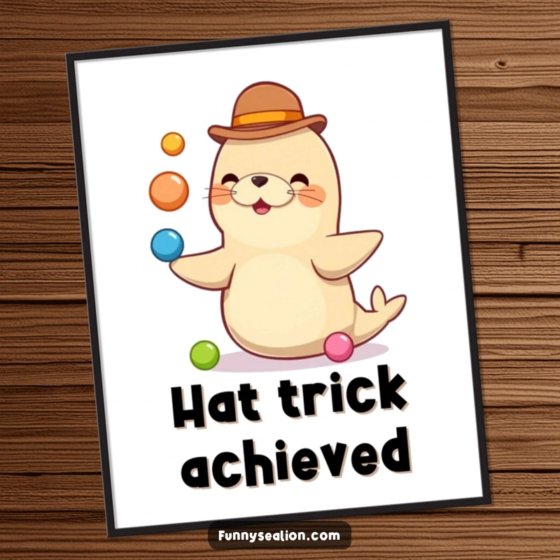 Funny sea lion wearing a tiny bowler hat, expertly juggling multiple colorful balls in an artistic print designed to bring smiles.