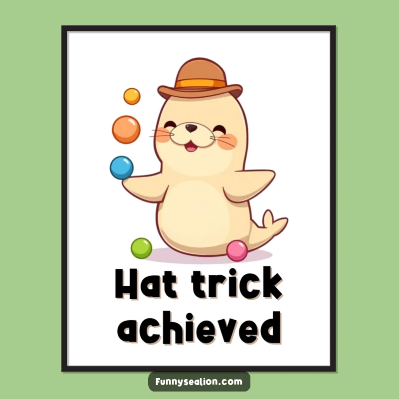 Funny Sea Lion Bowler Hat Art Print: Whimsical Juggling Scene for Your Walls!