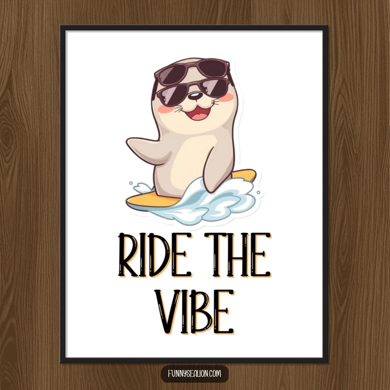 Funny sea lion wearing sunglasses, joyfully riding a gentle wave on a vibrant and amusing art print for walls.