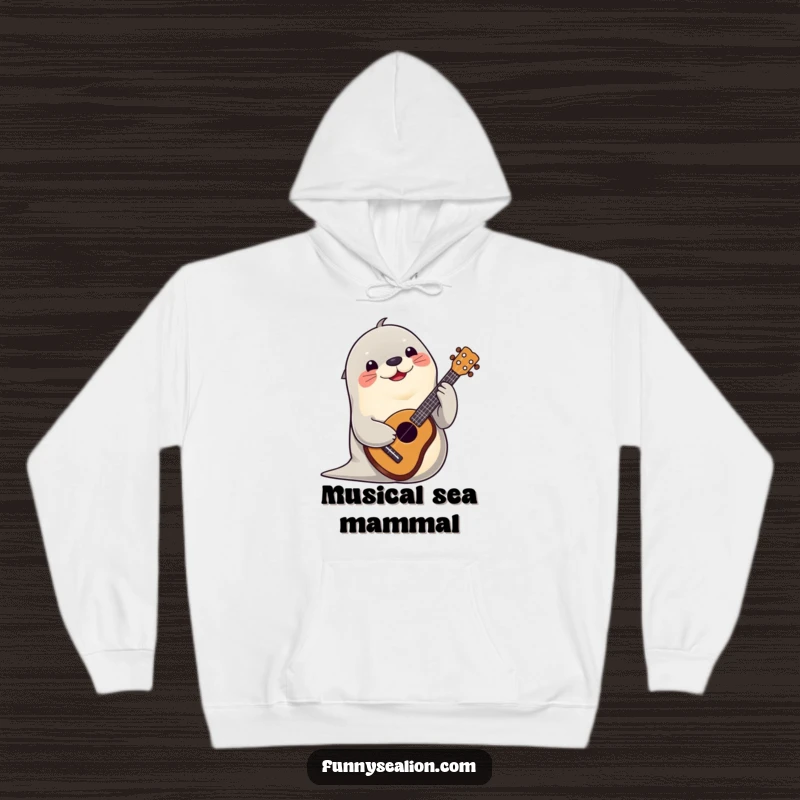 Funny sea lion playing a ukulele with a cheerful expression, featured on a soft and warm hoodie for music lovers.