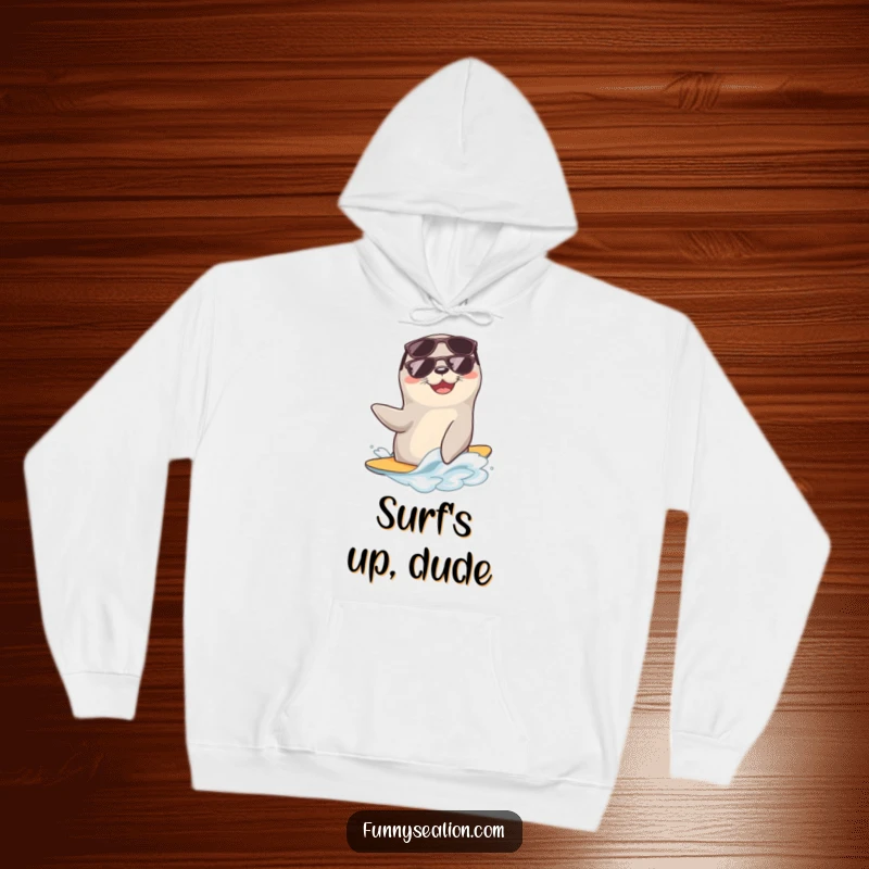 Funny sea lion wearing sunglasses rides a gentle wave, depicted on a cozy hoodie, exuding a cool and relaxed attitude.