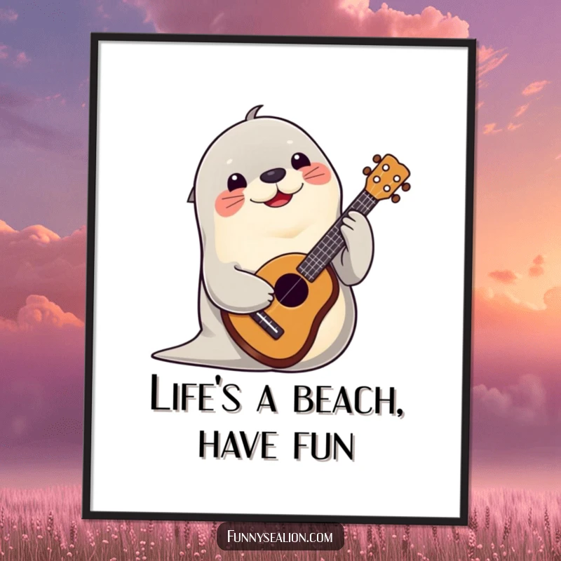 Funny Free Printable Wall Art: A happy sea lion character playing a ukulele with a big, joyful smile.