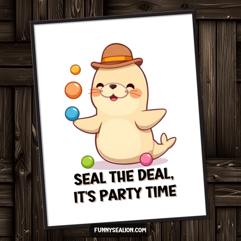 Funny Free Printable Wall Art: A cute sea lion in a bowler hat skillfully juggling colorful balls, delightful decor.