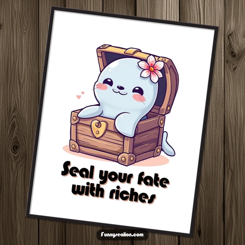 Funny Free Printable Wall Art: Playful sea lion with a flower pops out of a treasure chest, looking surprised and happy.