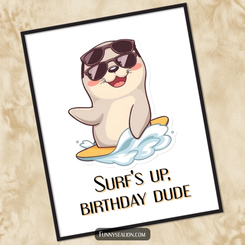 Funny Free Printable Wall Art: A smiling sea lion wearing sunglasses, expertly surfing a small, gentle wave.