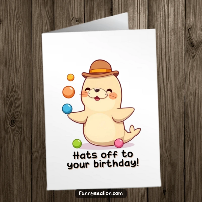 Funny Free Printable Birthday Card: Cute sea lion in a bowler hat juggling colorful balls with a silly expression.