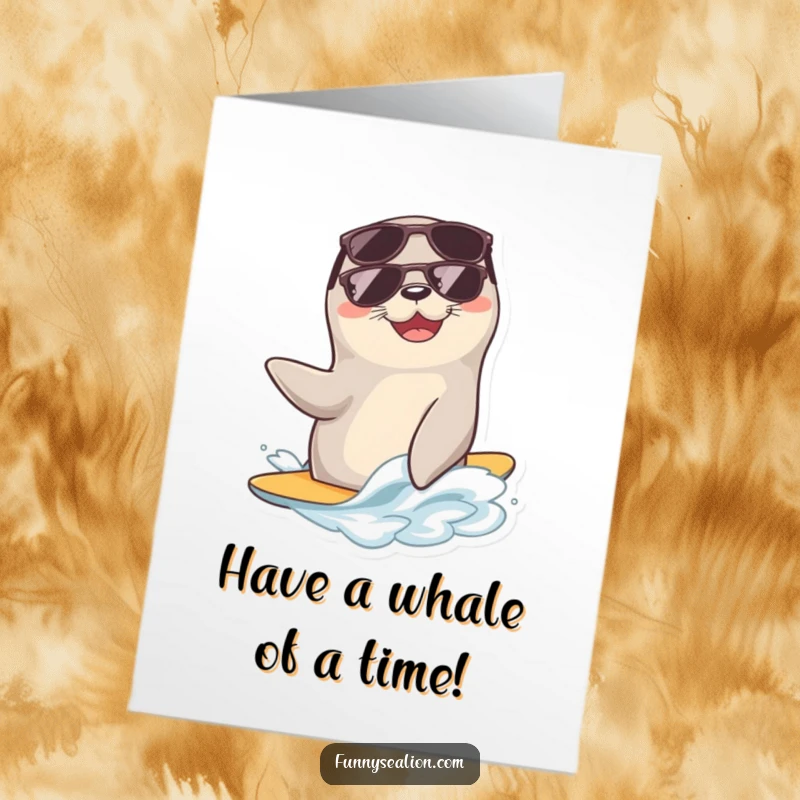 Funny Free Printable Birthday Card: Smiling sea lion in sunglasses coolly riding a small wave, radiating good vibes.