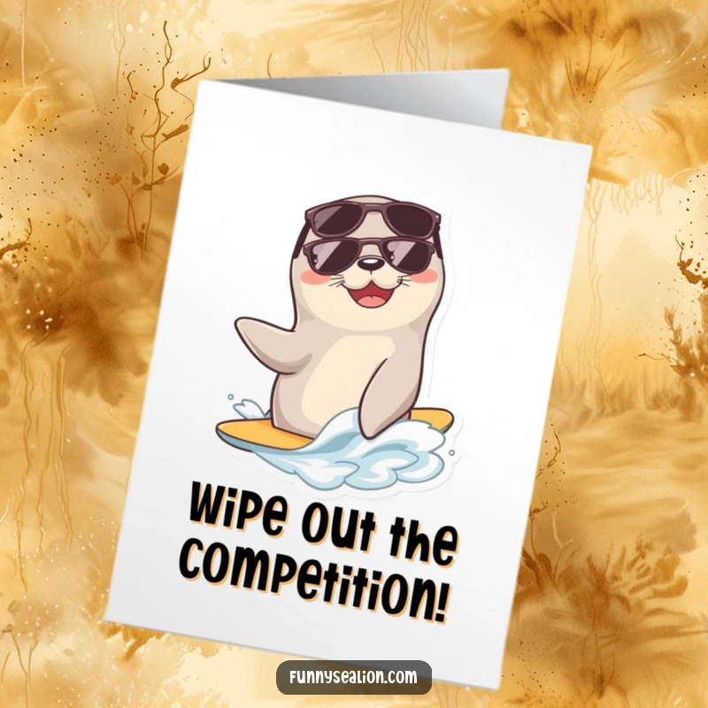 Funny Free Printable Congrats Card: Sea lion wearing sunglasses surfs a gentle wave, exuding a laid-back cool.