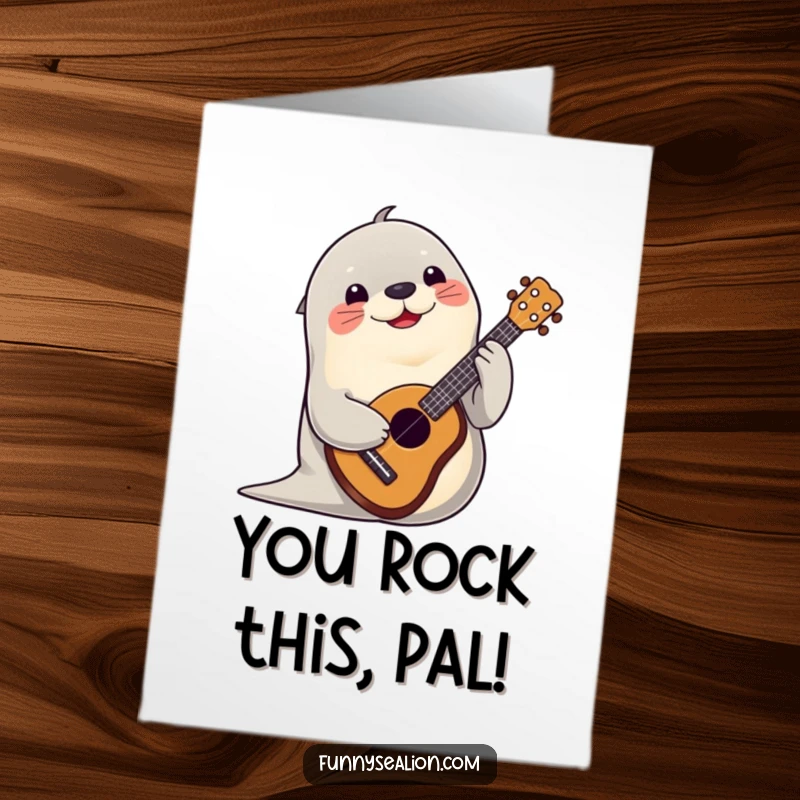 Funny Free Printable Congrats Card: A cheerful sea lion happily playing a ukulele, perfect for any congratulatory occasion.