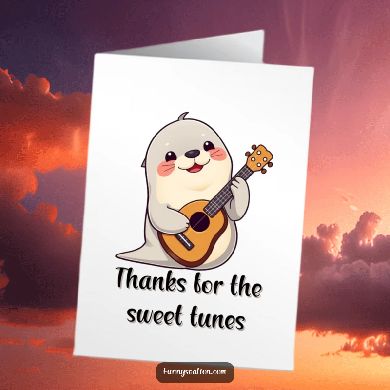 Funny Free Printable Thank You Card: A happy sea lion playing a ukulele, a musical way to say thank you.