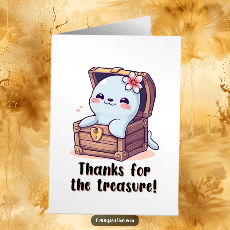 Funny Free Printable Thank You Card: Grateful sea lion with flower pops out of a treasure chest of thanks.