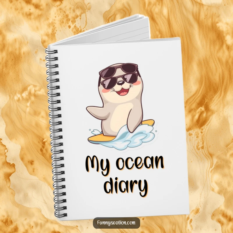 Funny sea lion wearing sunglasses rides a wave on the cover of a notebook, perfect for jotting down cool thoughts.