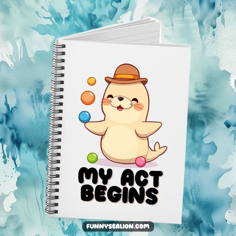 Funny sea lion in a bowler hat, juggling colorful balls, featured on the cover of a notebook for jotting down notes.