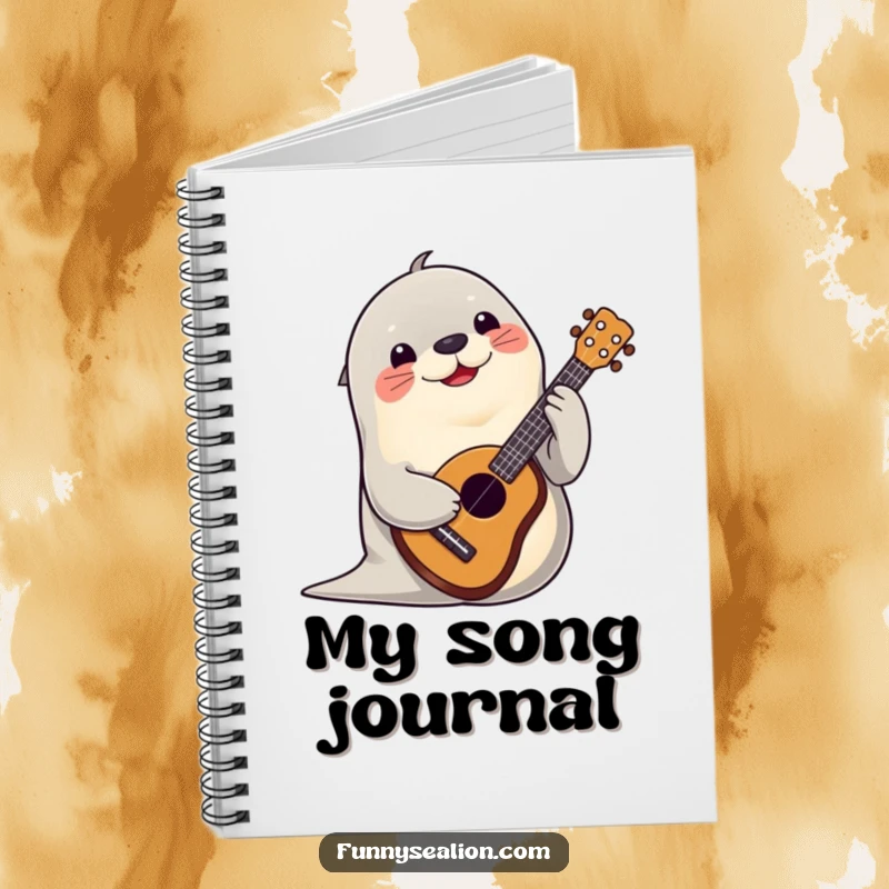 Funny sea lion playing a ukulele with a cheerful expression on the cover of a notebook for musical minds.