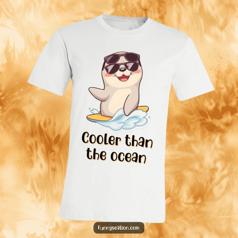 Funny sea lion sporting cool sunglasses, riding a small, gentle wave with a happy expression on a comfortable t-shirt.