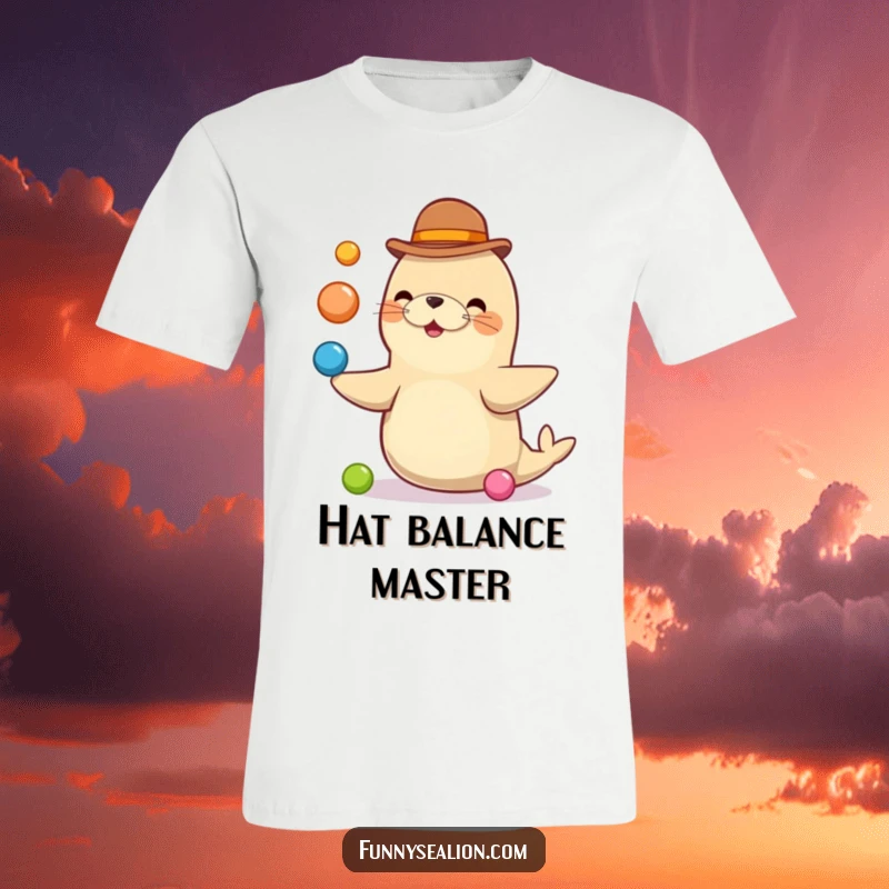 Funny sea lion in a tiny bowler hat, actively juggling vibrant balls, depicted on a comfortable t-shirt with a joyful demeanor.