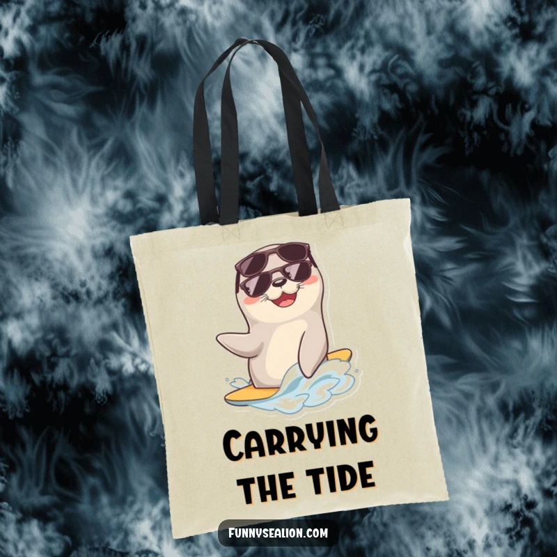 Funny sea lion with sunglasses rides a small wave on a durable tote bag, perfect for beach trips and errands.