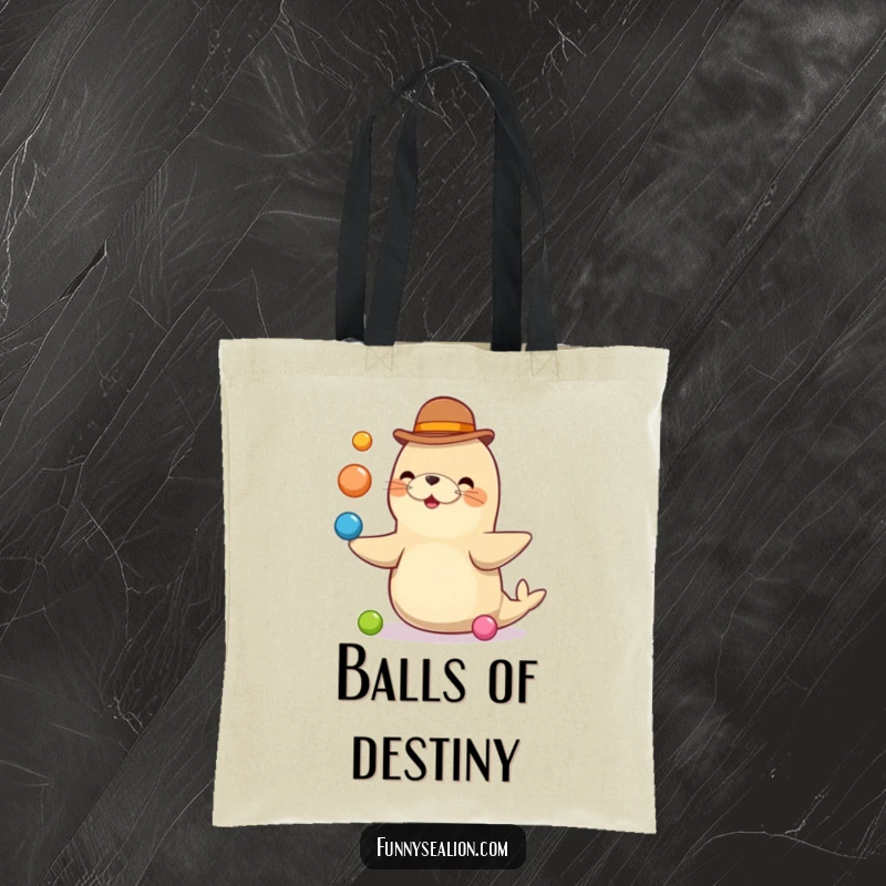 Funny sea lion in a bowler hat juggles colorful balls energetically on a durable tote bag, showcasing a playful and skilled character.